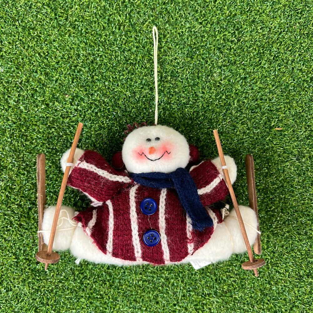 Plush Skiing Snowman Cozy Striped Sweater Christmas Holiday Decor Ornament